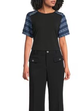 KARL LAGERFELD PARIS
Mixed Media Round Neck Short Sleeve Top